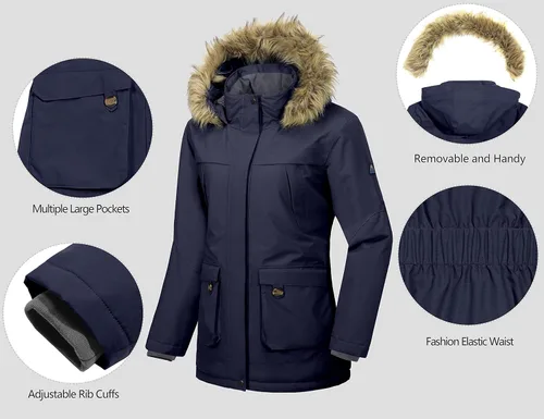 Miniatura 3 de Little Donkey Andy Chaqueta de esquí con capucha impermeable y aislante para mujer, chaqueta larga de montaña