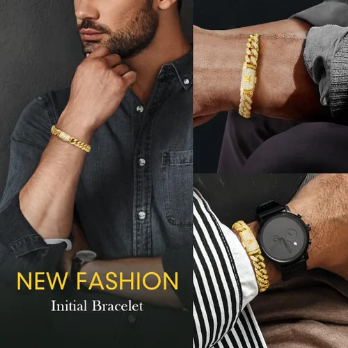 Miniatura 4 de ETEVON - Pulsera con inicial para hombre cadena de eslabones cubanos con cierre de caja circonita cúbica personalizada para él para marido novio San