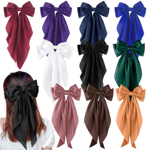 Lazos para el pelo para mujeres y niñas, 10 piezas de lazos grandes, pinzas para el cabello, lazos de satén sedoso, lazo grande en capas, accesorios