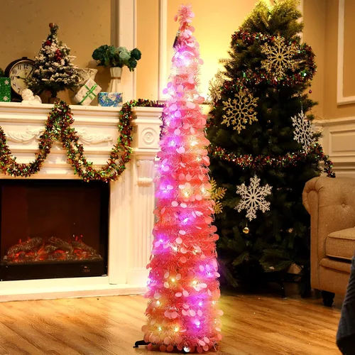 Miniatura 8 de Aoriher Árbol de Navidad de Oropel Verde Preiluminado Emergente de 5 pies, Decoración Reutilizable Plegable Artificial con Lentejuelas, Árbol