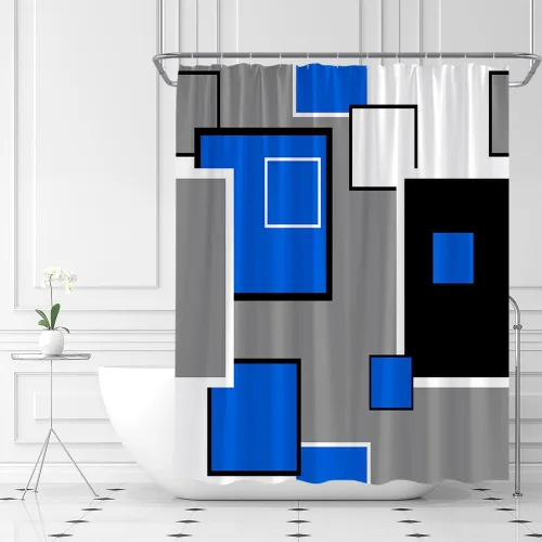Miniatura 2 de Cortina de ducha moderna geométrica azul gris negro abstracto geométrico de mediados de siglo, moderno juego de decoración de baño con ganchos