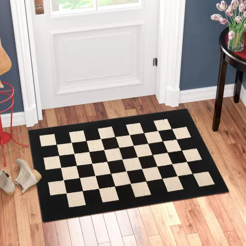 Miniatura 7 de Tapete para puerta delantera, 20 x 32 pulgadas, geométrico a cuadros, color negro, tapetes finos para puerta interior para entrada, patio, negro
