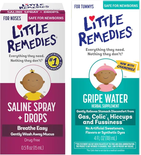 Little Remedies Soluciones de gas y nariz para bebés (1 - 0.5 oz de spray salino y gotas, 1 - 4 oz de agua de agarre de acción rápida)