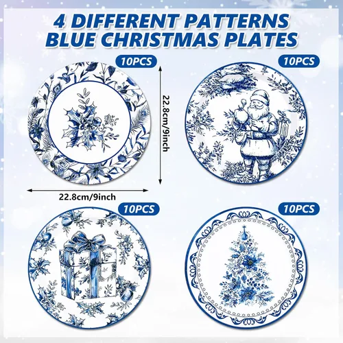 Miniatura 2 de Whaline 40 platos de papel de Navidad, 4 diseños, chinoiserie de porcelana azul y blanca, árbol de Navidad, platos desechables de Papá Noel, vajilla