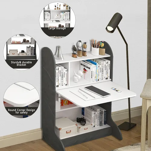 Miniatura 4 de Pmnianhua Escritorio de pared plegable, escritorio de pared extraíble que ahorra espacio con estante de almacenamiento, mesa de estudio, escritorio