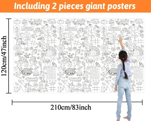 Miniatura 2 de Wiooffen 2 pósteres gigantes de Acción de Gracias para colorear de 82 x 47 pulgadas para niños, papel de otoño grande en color en papel, cubierta