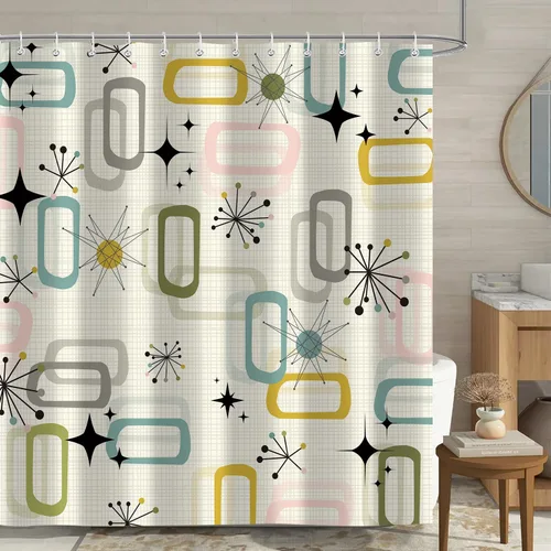 Cortina de ducha de mediados de siglo, juego de cortinas de ducha bohemias y modernas a cuadros para decoración de baño, tela impermeable con 12