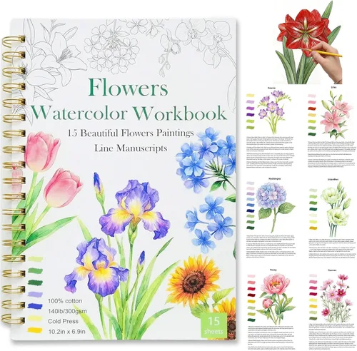 Cuaderno de trabajo de acuarela 15 hermosas pinturas de flores para adultos y adolescentes principiantes, libro para colorear al agua, 140 libras,
