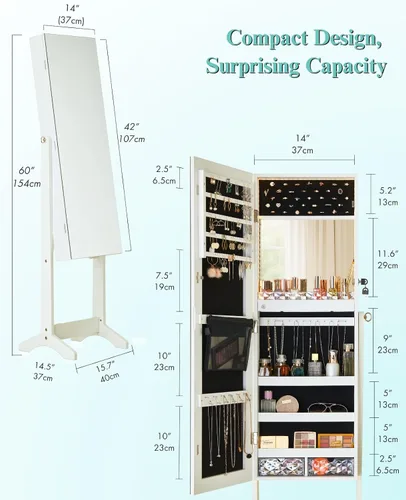 Miniatura 34 de LUXFURNI Armario de joyería con luz LED, espejo de pie, organizador de almacenamiento grande con cerradura y cajones (blanco)