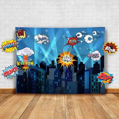 Fondo de fotografía de fiesta temática de superhéroes con accesorios. Fondo de cabina de fotos de paisaje urbano de superhéroes para fiestas
