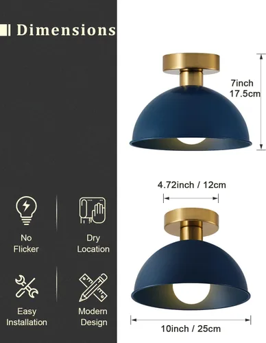 Miniatura 4 de Lámpara de techo industrial semiempotrada con placa dorada y pantalla azul, lámpara de techo de granja para cocina, isla, comedor, vestíbulo