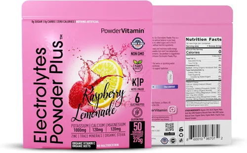Miniatura 2 de Polvo de electrolitos PowderVitamin Plus (50 porciones) Polvo de electrolitos de frambuesa y limonada cero calorías Keto, 0 azúcar, sin