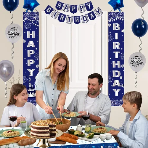Miniatura 4 de Decoraciones de cumpleaños azules y plateadas, decoraciones de fiesta de cumpleaños para hombres, niños, mujeres y niñas, con pancarta de feliz