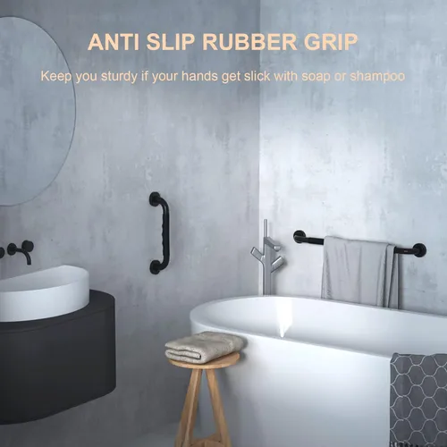 Miniatura 5 de ZUEXT - Paquete de 2 barras de agarre para ducha negras de 12 pulgadas con agarre de goma antideslizante, barra de agarre de baño de acero Caucho