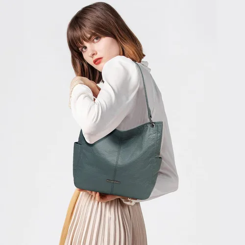 Miniatura 3 de Montana West Stone Washed Leather Hobo Purses for Women Soft Top Handle Shoulder Bag with Wallet 2PCS Set