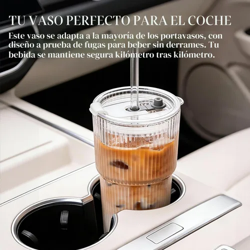 Miniatura 9 de KEMORELA Paquete de 2 vasos de vidrio acanalado de 20 onzas con tapas y pajitas de vidrio, tazas de café helado vintage, vasos reutilizables
