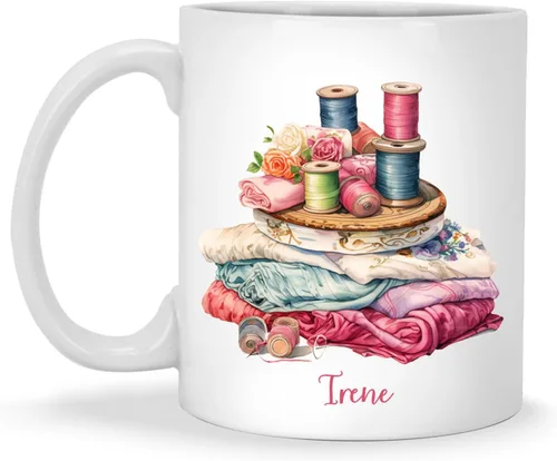 Taza de café personalizada de pila de tela e hilos, Taza de máquina de coser, Taza de cerámica con nombre personalizado Regalos para amantes de la