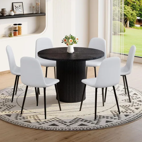 Miniatura 19 de Mesa de comedor redonda para 4-6, mesa de comedor negra con tablero de madera de 42'' y base de pedestal cilíndrico, mesa de cena redonda