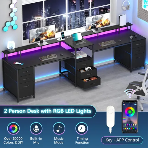Miniatura 6 de YOMILUVE Escritorio para Computadora de 98.4" de Largo con 9 Cajones, Escritorio de Juegos para 2 Personas con Luces LED y Toma de Corriente
