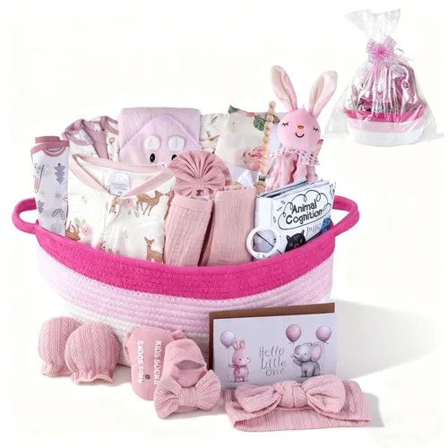 Juego de 22 cestas de regalo para niña, rosa (recién nacido de 0 a 12 meses) | Regalos premium para baby shower para niñas: juego de artículos