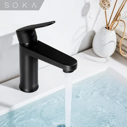 Miniatura 13 de SOKA - Grifo de baño de latón negro mate con tapón de desagüe emergente y placa de cubierta - Grifo monomando para RV con 1 o 3 agujeros