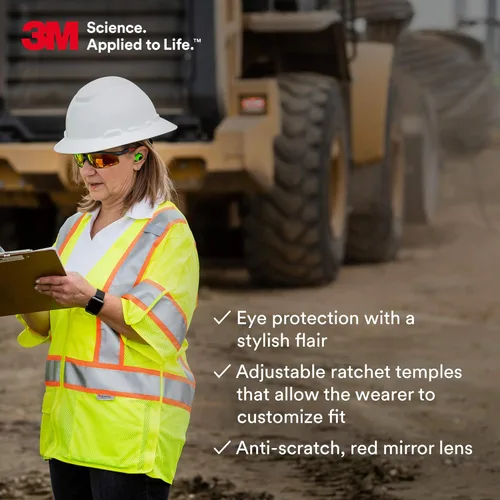 Miniatura 4 de 3M Gafas de seguridad, serie Solus 2000, ANSI Z87, antiarañazos, lente de espejo rojo, marco gris/rojo, patillas de trinquete ajustables
