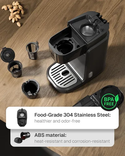 Miniatura 7 de HBN Cafetera de una sola porción para K-Cup y café molido, máquina de café y té de preparación rápida de una taza con tanque de acero inoxidable