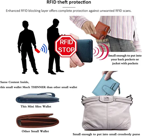 Miniatura 5 de Cartera de cuero con bloqueo RFID para mujer, pequeña, compacta, doble cremallera, con ventana para identificación