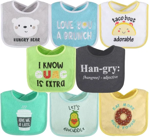 The Peanutshell Han-Gry - Juego de baberos de rizo para bebé niño o niña, 8 – 100% algodón, suaves y absorbentes, unisex, para niño o niña, recién