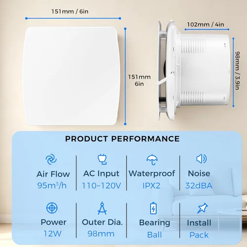 Miniatura 2 de Extractor de pared de 4 pulgadas, 50CFM silencioso para montaje en pared para cocina, baño, taller, garaje (cable ETL)