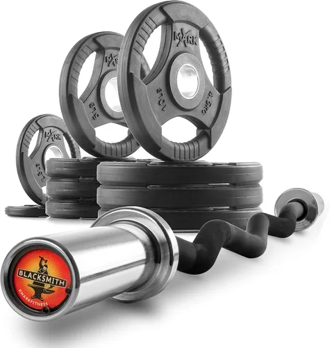 XMark Olympic Bar - Barra rizadora con pesas, par de pesas olímpicas o juego de placas de peso olímpicas TRI-GRIP, calidad premium, revestimiento de