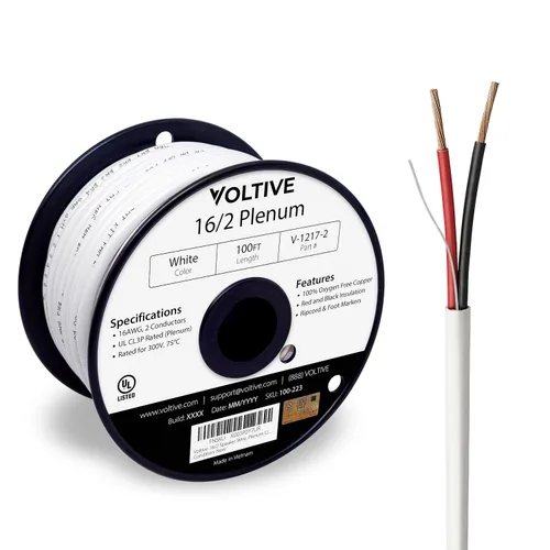 Miniatura 28 de Voltive Cable de altavoz 16/2, Plenum CL3P, negro, 100 pies - 16AWG, 2 conductores, cobre trenzado sin oxígeno, listado UL - V-1217-1