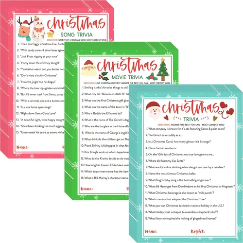 KMLIFE 63 tarjetas de juego de trivia de Navidad, 3 temas, actividades de adivinanzas navideñas para adultos, familias, amigos, niños, grupos y
