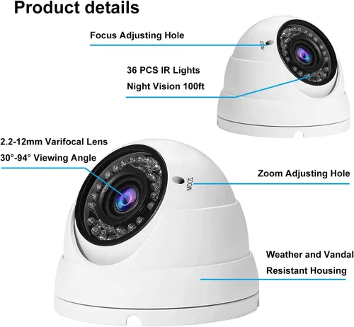 Miniatura 8 de Cámara CCTV de 2MP HD 1080P 4 en 1 (TVI/AHD/CVI/960H/CVBS) Cámara domo de seguridad, lente varifocal de 0.110-0.472 in videovigilancia analógica