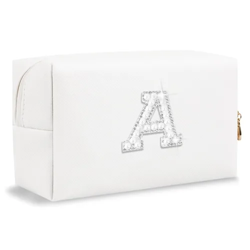 Miniatura 31 de Pequeña bolsa de maquillaje personalizada con inicial A-Z Preppy Patch, bolsa de cosméticos de viaje de felpilla blanca con cremallera, bonita bolsa