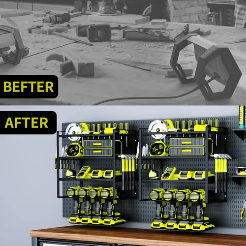 Miniatura 6 de KAFAHOM Organizador de herramientas eléctricas, soportes para taladros de 4 capas para montaje en pared, organizadores de metal resistente y estante