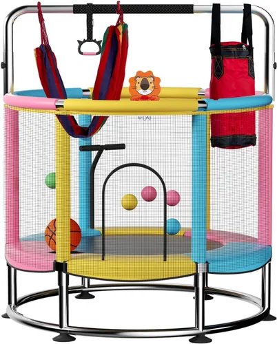 Miniatura 11 de Trampolín de 55 pulgadas para niños, de hasta 440 libras con fondo redondo antivuelco, trampolín para interiores y exteriores con recinto