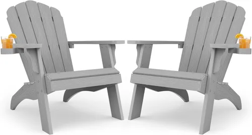 Miniatura 21 de YEFU Juego de 2 sillas Adirondack de plástico de gran tamaño con portavasos (gran doble propósito), resistentes a la intemperie, sillas de madera