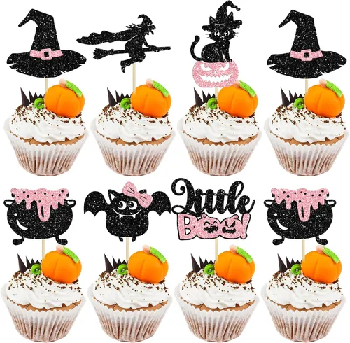 Miniatura 13 de Gyufise 24 adornos de Halloween para cupcakes con purpurina negra para dulce o truco de Halloween, decoraciones para baby shower, niños y niñas