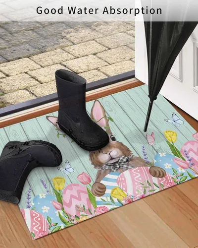 Miniatura 4 de Tapete para puerta delantera, conejo de Pascua, flores de granja de primavera en madera verde azulado, tapete antideslizante y absorbente