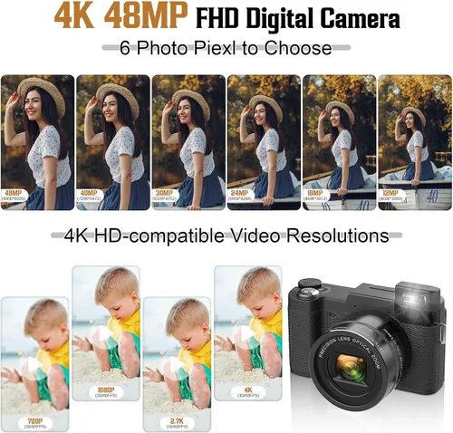 Miniatura 6 de Cámara digital 4K para fotografía, enfoque automático, cámara de vlogging de 48 MP para YouTube, cámara compacta de zoom digital 8X, pantalla de 3