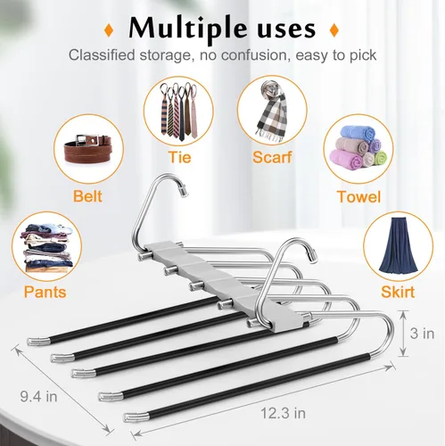 Miniatura 21 de Loretoy Paquete de 4 perchas para pantalones que ahorran espacio, estante multifuncional antideslizante para pantalones, tubo de acero inoxidable