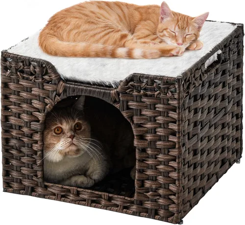 SETVSON Camas para Gatos de Interior Casa de Gatitos, Cueva de Gato de Ratán Tejido a Mano Cubo para Mascotas, Casas Grandes para Gatos, Una