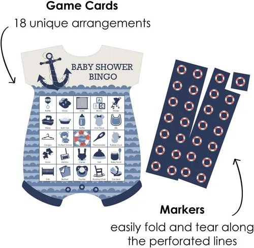 Miniatura 2 de Big Dot of Happiness Ahoy - Náutico - Tarjetas de bingo con imágenes y marcadores - Juego de bingo en forma de baby shower - Juego de 18