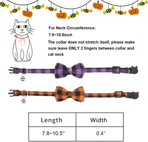 Miniatura 6 de ADOGGYGO Collares para gatos de Halloween con campana extraíble con corbatín extraíble, paquete de 2 unidades, collar de lazo de Halloween a cuadros