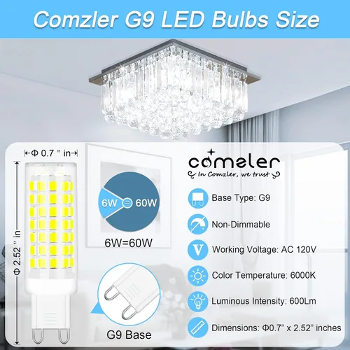 Miniatura 2 de comzler Bombilla LED G9 con base de clavija bi pin G9 de 6 W, luz blanca diurna 6000 K, bombillas G9 para candelabro, base de cerámica, equivalente