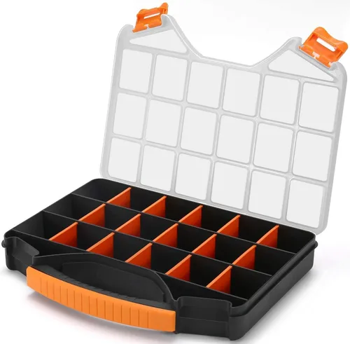 Massca Caja organizadora de ferretería con divisores – Organizador de piezas pequeñas de 18 compartimentos con tapa accesible con bisagras –