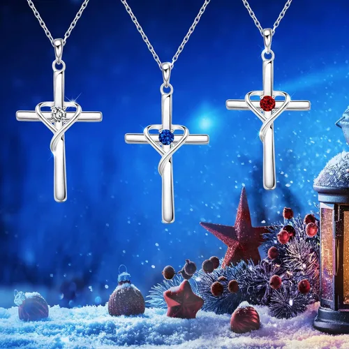 Miniatura 2 de AmorAime - Collar con cruz de plata de ley 925 para mujeres y hombres, collares de piedra natal de circonita cúbica 5A, chapado en oro de 14
