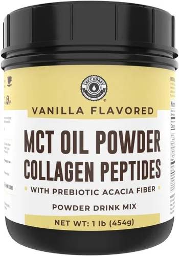 MCT - Aceite en polvo con fibra de acacia y péptidos de colágeno, proteína de colágeno prebiótica, 0.35 onzas de MCT de cocos, crema de café keto