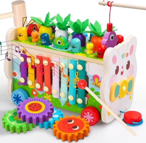 Juguetes Montessori 9 en 1 para niños de 1 año, juego de martillado de madera con xilófono para niños pequeños de 1 a 3 años, engranajes y cosecha